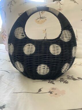 Kate Spade Black and White Polka Dot Round Woven Handbag